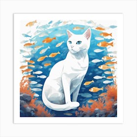 White Cat With Fishes Art Print