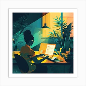 Illustration Of A Woman Working At Her Desk Art Print