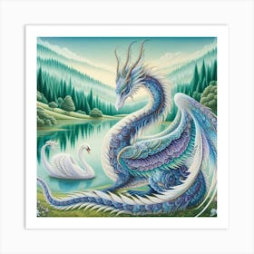 Blue Dragon And Swans Art Print