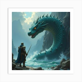 A Warrior In Enchanted Armor Fighting A Sea Serpent 1 Art Print