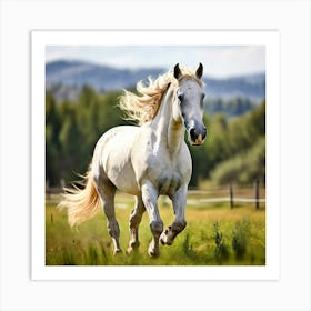 White Horse Galloping In The Field Art Print