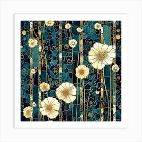 Flowers In Blue And Gold Art Print