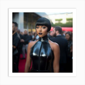 A Sexy Black Woman In A Black Latex Dress With A Bob Haircut Portrait Mode On the Red Carpet- Created by Midjourney Art Print