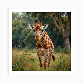 Giraffe In The Wild With Other Animals Watercolor Sty Art Print