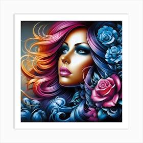 Girl With Colorful Hair And Roses Art Print