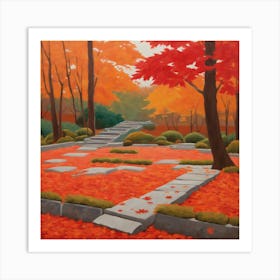 Japanese Zen Garden During Autumn Style of David Hockney 3 Art Print