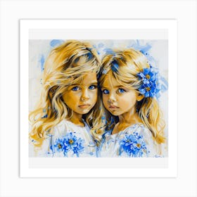 Two Little Girls With Blue Flowers Art Print