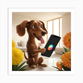 A Curious Brown Dog With Floppy Ears And A Wagging Tail, Its Tongue Lolling Out Of Its Mouth, Holds A Sleek Black Smartphone In Its Paw, Its Eyes Fixed Intently On The Screen Art Print