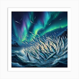 Sardines Dancing Under The Northern Lights In The Arctic Ocean, Style Realistic Oil Painting 2 Art Print