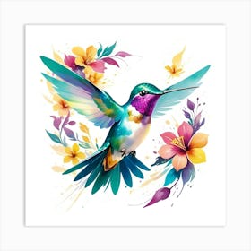 Hummingbird With Flowers Art Print