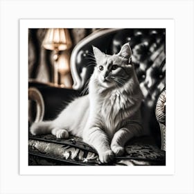 White Cat On A Chair Art Print