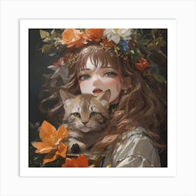 Kawaii Girl With Cat Art Print