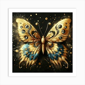 Gold Butterfly on Black Background Art: Elegant Wall Decor with Metallic Accents Art Print