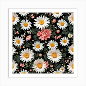 2d Floral Fabric Pattern Consisting Of Daisy And Rose On Black Background 2421929132(1) Art Print