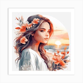 Girl With Flowers At Sunset Art Print