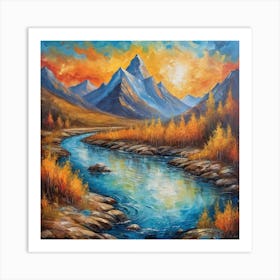 Vintage sunset  mountain and  river Art Print