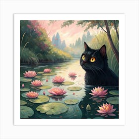 A Black Cat With-Big Yellow Eyes Swimming In A Pond Art Print