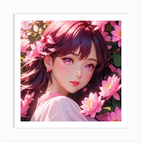 Anime Girl With Pink Flowers Art Print