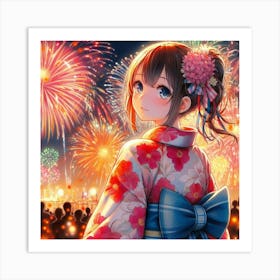 Japanese girl and fireworks Art Print