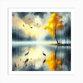 Two Cranes On A Lake Art Print