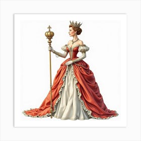 Watercolor Rendering Of Queen Elizabeth I, Lavish Gown, Ornate Scepter 1 Art Print