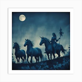 Three Unicorns At Night Art Print