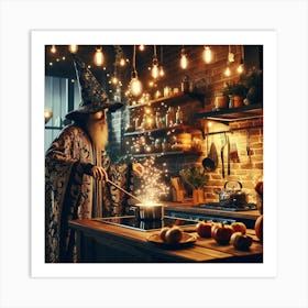 Wizard cooking a meal in a cozy modern kitchen 3 Art Print