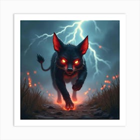 A Tasmanian Devil With Fiery Red Eyes, Running Through A Stormy Landscape With Glowing Lightning Art Print