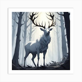 A White Stag In A Fog Forest In Minimalist Style Square Composition 4 Art Print