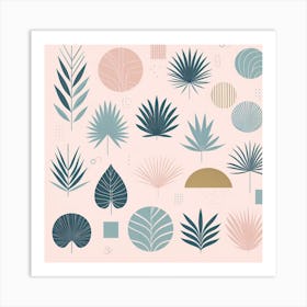 Scandinavian style, Palm leaves of different shapes on a pastel pink background Art Print