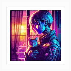 Cyberpunk Girl With Cat 1 Art Print