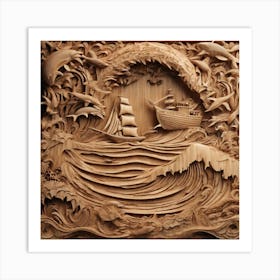 21037 Wooden Sculpture Of A Seascape, With Waves, Boats, Xl 1024 V1 0 Art Print