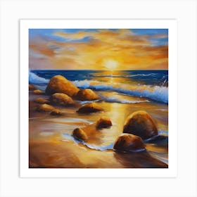 The sea. Beach waves. Beach sand and rocks. Sunset over the sea. Oil on canvas artwork.30 Art Print