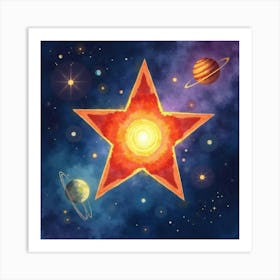 A Watercolor Colorful Pulsating Star Illuminating Nearby Planets And Moons 1 Art Print