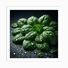 Water Droplets On Spinach Leaves Art Print