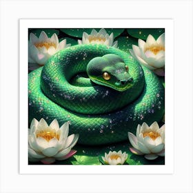Green Snake With Water Lilies Art Print
