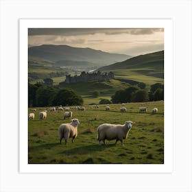 A Serene Highland Landscape With Rolling Hills, Grazing Sheep, And A Distant Castle Art Print