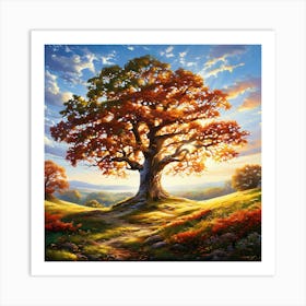 Majestic Oak Tree With Sprawling Branches Located In The Center Of A Serene Meadow Sunlight Filter 445022442 Art Print