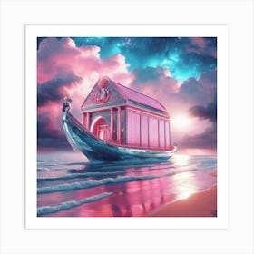 Pink House On The Beach Art Print