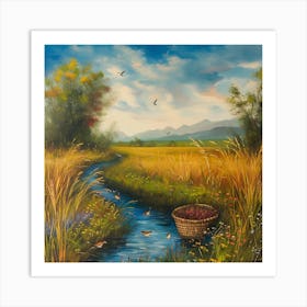 Vibrant Riverside Filled With Wheet Art Print