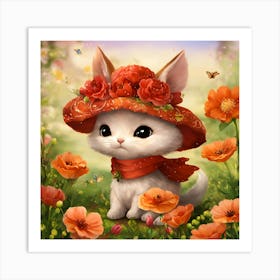 Little Kitten In Red Hat Art Print