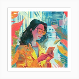 Girl Using Cell Phone Art Print