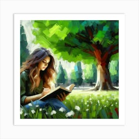 Girl Reading A Book In The Park, Acrylic Painting Style Art Print