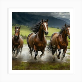 Horses Running In The Rain Art Print