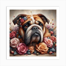 Bulldog With Roses 1 Art Print