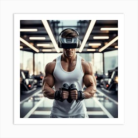 Alpha Male Model Working Out With Heavy Weight Machine, Wearing Futuristic Sonic Armor Exoskeletons And Vr Headset With Headphones Award Winning Photography With Sports Car Racing In Background Designed And Captu Art Print