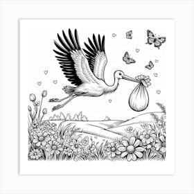 Line Art stork and baby 1 Art Print