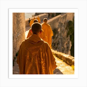 Monks Walking Down A Stone Path Art Print