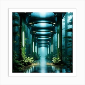 Interior lit entrances to alien spaceship corridors. Fumes from outdoor air conditioners from the spaceship shell. Art Print