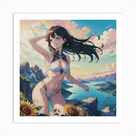 A Carefree Girl With A Radiant Smile Enjoys The View From The Mountaintop Art Print